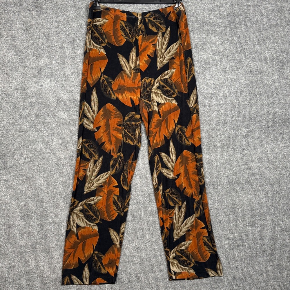 Chico's Travelers Size 2‎ Large Pants Black Brown Leaf Print Resortwear Vacation